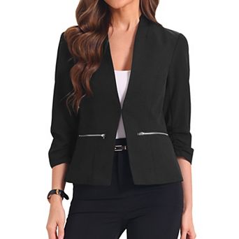 3/4 Sleeved Open Front Blazer For Women Suit Jacket Work Office Casual Blazers With Zipper Pockets