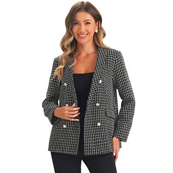 Women's Tweed Blazer Button Front Plaids Jacket Coat