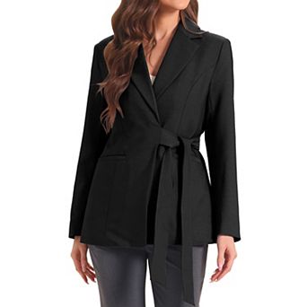 Single Button Blazer for Women's Work Office Lapel Long Sleeve Belted Jacket Suit Blazer