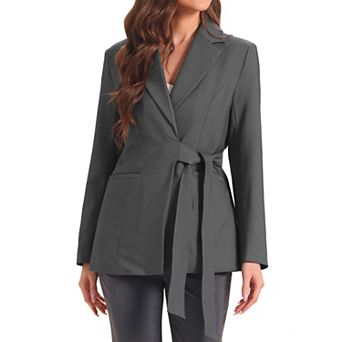 Single Button Blazer For Women's Work Office Lapel Long Sleeve Belted Jacket Suit Blazer