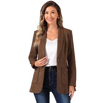 Faux Suede Blazer For Women's Lapel Collar One Button Dressy Suit Jacket