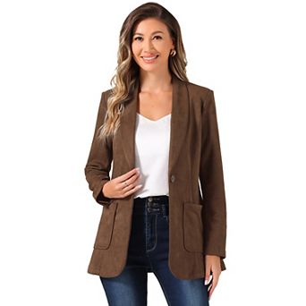 Faux Suede Blazer for Women's Lapel Collar One Button Dressy Suit Jacket