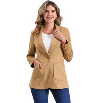 Faux Suede Blazer for Women's Lapel Collar One Button Dressy Suit Jacket