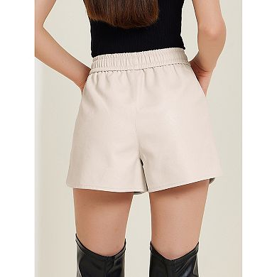 Women's Faux Leather Shorts High Waisted Elastic Waist PU Shorts with Pockets