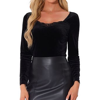 Women's Velvet Top With Contrast Lace V Neck Long Sleeve T-shirts Elegant Tee Tops