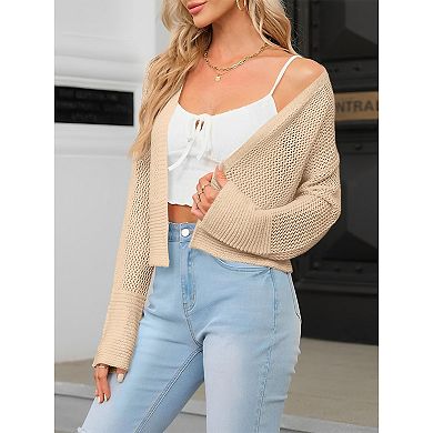 Women's Casual Sweaters Hollow Out Cardigan Open Front Long Sleeve Trim Crop Knit Outwear