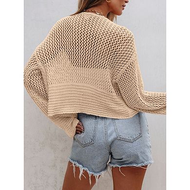 Women's Casual Sweaters Hollow Out Cardigan Open Front Long Sleeve Trim Crop Knit Outwear