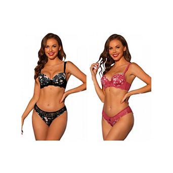 2 Packs Women's Lingerie Set Adjustable Straps Lace Underwired Bras And Panties