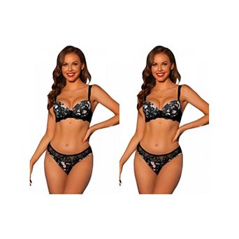 2 Packs Women's Lingerie Set Adjustable Straps Lace Underwired Bras And Panties