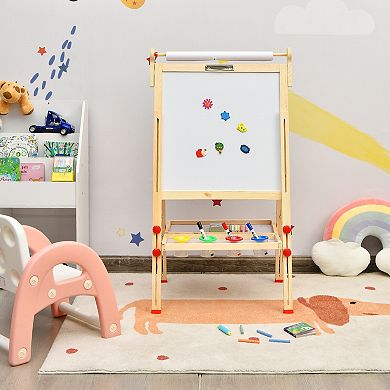 Kids Art Easel With Paper Roll Double-sided Regulable Drawing Easel Plank