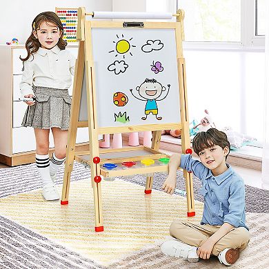 Kids Art Easel With Paper Roll Double-sided Regulable Drawing Easel Plank