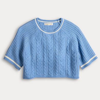 Juniors' Sugar Moon Short Sleeve Cable Knit Sweater
