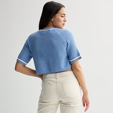 Juniors' Sugar Moon Short Sleeve Cable Knit Sweater