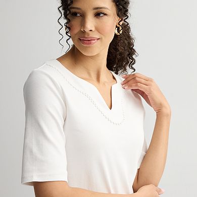 Women's Croft & Barrow® Bobble Trim Splitneck Elbow Sleeve Top