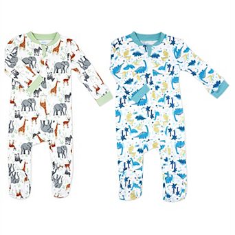 Baby Boys And Baby Girls 2 Pack Zippered Footies, Dino & Safari