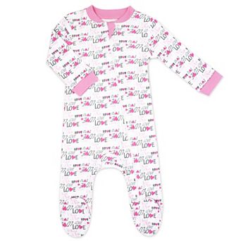 Baby Girls 100% Cotton Pink Love Zippered Footie