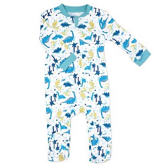 Baby Boys And Baby Girls 100% Cotton Aqua Dinosaur Zippered Footie