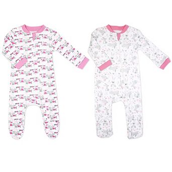 Baby Girls 2 Pack Zippered Footies, Pink Bunnies And Love