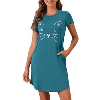 Womens Short Sleeve Pajamas Printed Sleepshirts Night Shirts Soft Sleepwear Cute Cat