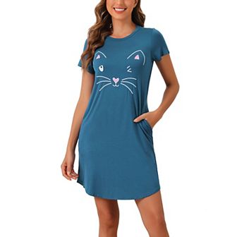 Womens Short Sleeve Pajamas Printed Sleepshirts Night Shirts Soft Sleepwear Cute Cat
