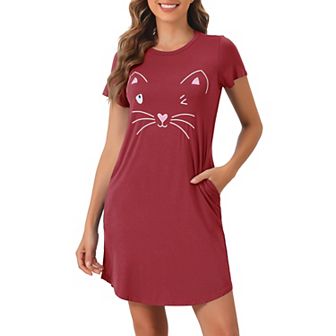 Womens Short Sleeve Pajamas Printed Sleepshirts Night Shirts Soft Sleepwear Cute Cat