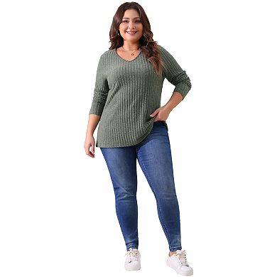 Plus Size Tops For Women V Neck Long Sleeve Ribbed Pitted Brushed Casual Tunic Blouse