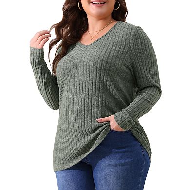Plus Size Tops For Women V Neck Long Sleeve Ribbed Pitted Brushed Casual Tunic Blouse