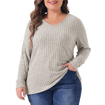 Plus Size Tops for Women V Neck Long Sleeve Ribbed Pitted Brushed Casual Tunic Blouse
