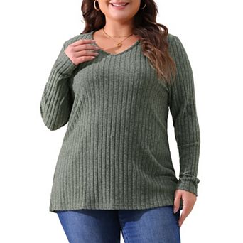 Plus Size Tops for Women V Neck Long Sleeve Ribbed Pitted Brushed Casual Tunic Blouse