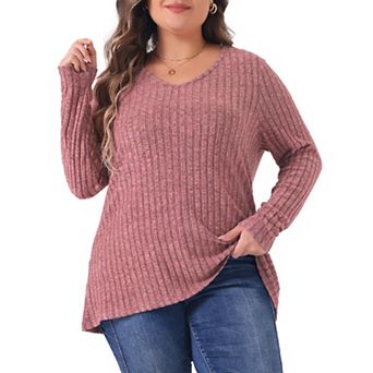 Plus Size Tops for Women V Neck Long Sleeve Ribbed Pitted Brushed Casual Tunic Blouse