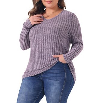 Plus Size Tops for Women V Neck Long Sleeve Ribbed Pitted Brushed Casual Tunic Blouse