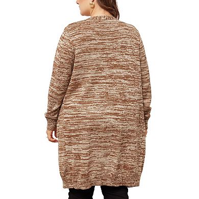Women's Plus Size Sweater Cardigan Contrast Color Open Front Long Sleeve With Pockets