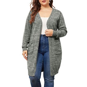 Women's Plus Size Sweater Cardigan Contrast Color Open Front Long Sleeve With Pockets