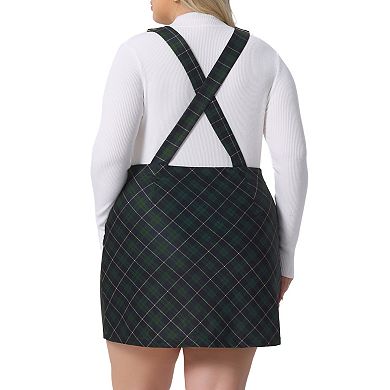 Plus Size Overall Pinafore Dress for Women Plaid Printed Adjustable Straps Skirt