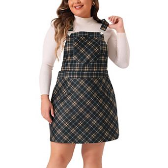 Plus Size Overall Pinafore Dress for Women Plaid Printed Adjustable Straps Skirt