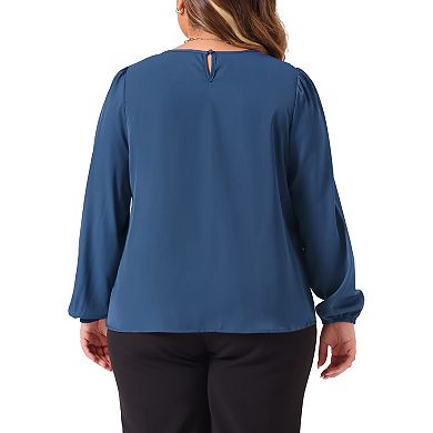 Plus Size Tops for Women Crew Neck Pleated Work Office Long Sleeve Blouse Shirts