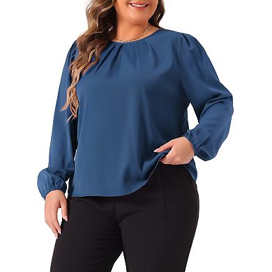 Plus Size Tops for Women Crew Neck Pleated Work Office Long Sleeve Blouse Shirts