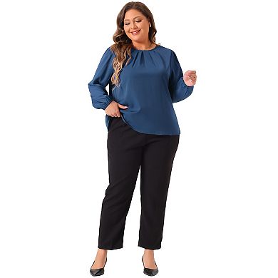 Plus Size Tops for Women Crew Neck Pleated Work Office Long Sleeve Blouse Shirts