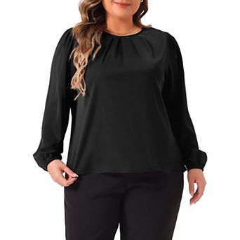 Plus Size Tops For Women Crew Neck Pleated Work Office Long Sleeve Blouse Shirts