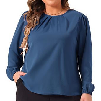 Plus Size Tops For Women Crew Neck Pleated Work Office Long Sleeve Blouse Shirts