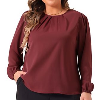 Plus Size Tops for Women Crew Neck Pleated Work Office Long Sleeve Blouse Shirts