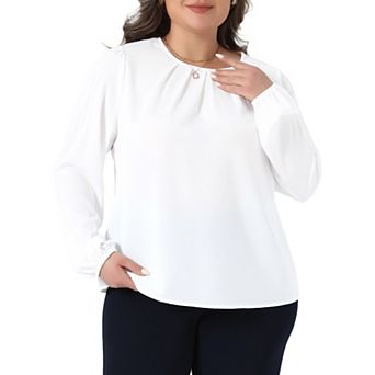 Plus Size Tops for Women Crew Neck Pleated Work Office Long Sleeve Blouse Shirts