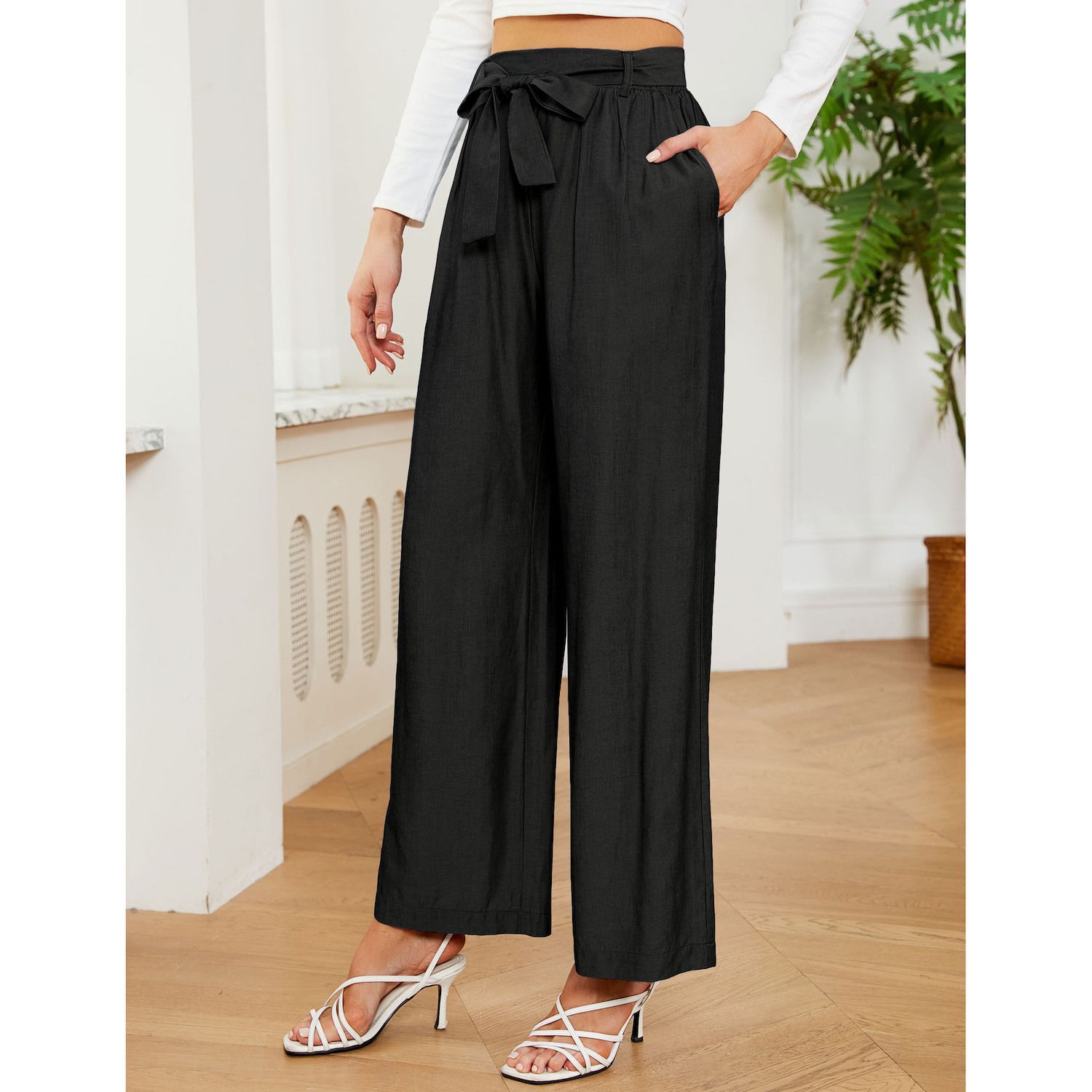 slim fit dress slacks Two Piece Outfits Solid Color Tie Deep V Top High Waist Wide Leg Pants –  ZEAGOO main image 1