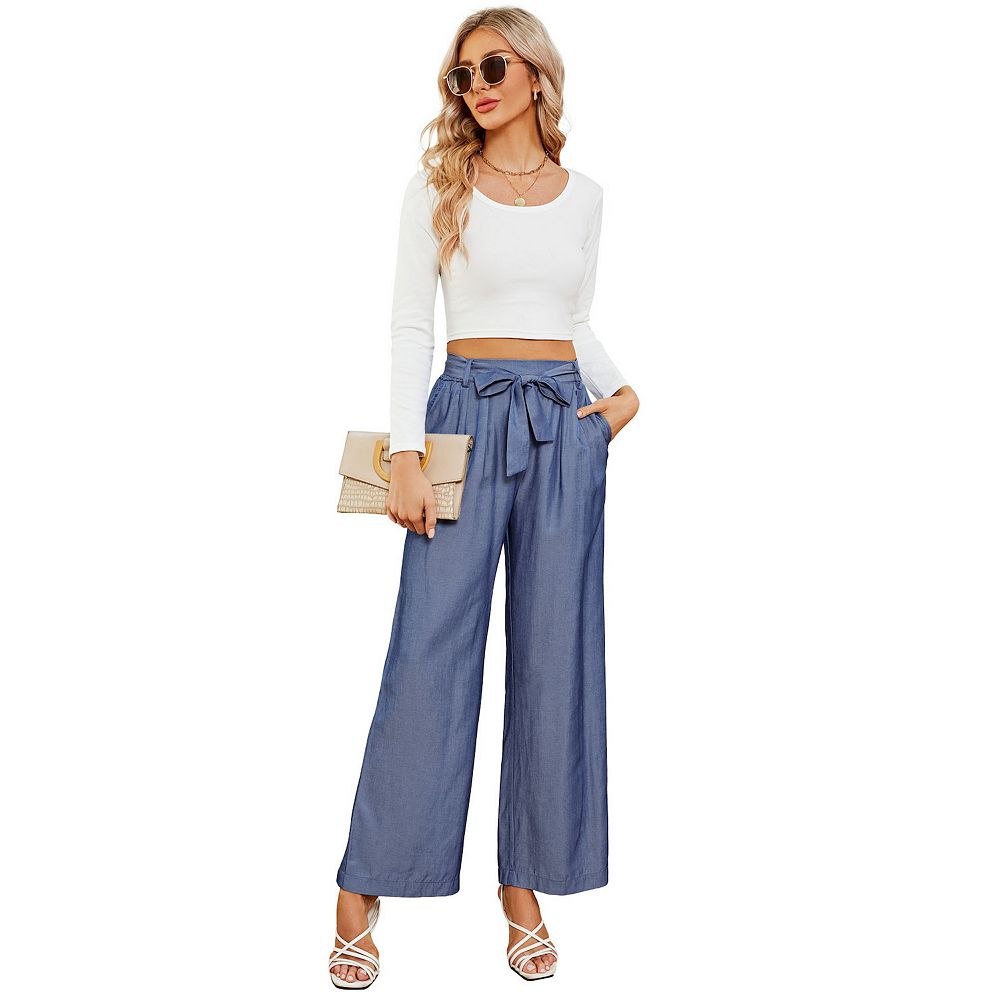 Elegant Tie Waist Wide Leg Work Pants