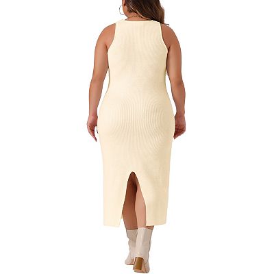 Plus Size Tank Sweater Dress For Women Crew Neck Sleeveless Knit Bodycon  Midi