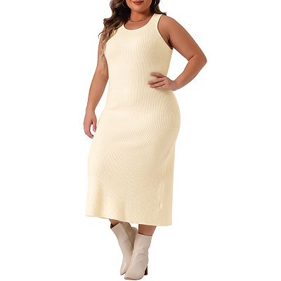 Plus Size Tank Sweater Dress For Women Crew Neck Sleeveless Knit Bodycon Midi