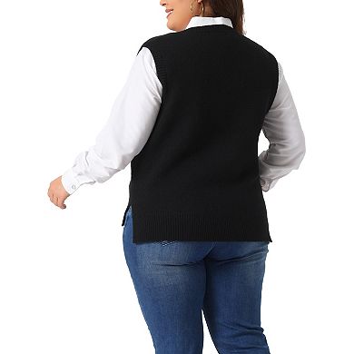 Women's Plus Size Solid Sweater Vest V Neck Knit Classic Sleeveless Pullover Tops