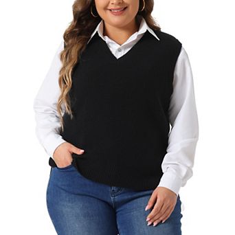Women's Plus Size Solid Sweater Vest V Neck Knit Classic Sleeveless Pullover Tops