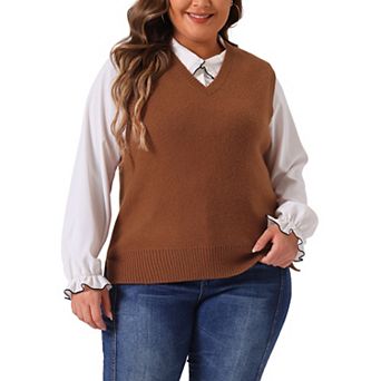 Women's Plus Size Solid Sweater Vest V Neck Knit Classic Sleeveless Pullover Tops