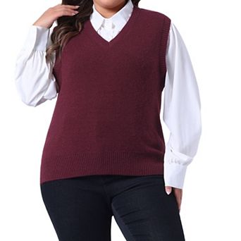 Women's Plus Size Solid Sweater Vest V Neck Knit Classic Sleeveless Pullover Tops